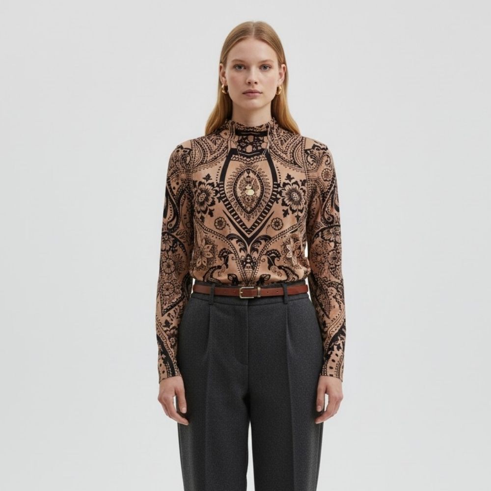 Mesh Flocked Paisley Tattoo Long-Sleeve Top